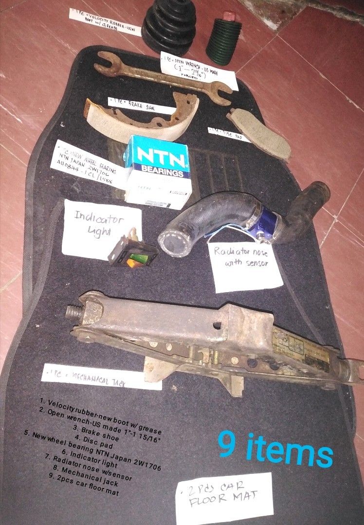 Car Accessories (Category: Other Automotive Parts and Accessories) located in Taguig. Submitted by juls0607 (Listing ID 1264028140, Image 1). Description: 9 Items for Php1,300.00 1. 1pc Mechanical ck 2. 2pcs car floor mat 3. 1pc velocity rubber, new boot w/grease 4. 1pc open wrench, US made (1"-1 15/16) 5. 1pc break shoe 6. 1pc disc pad 7. 1pc new wheel bearing NTN Japan 2W1706 8. 1pc indicator light switch 9. Ipc radiator nose w/sensor Negotiabl