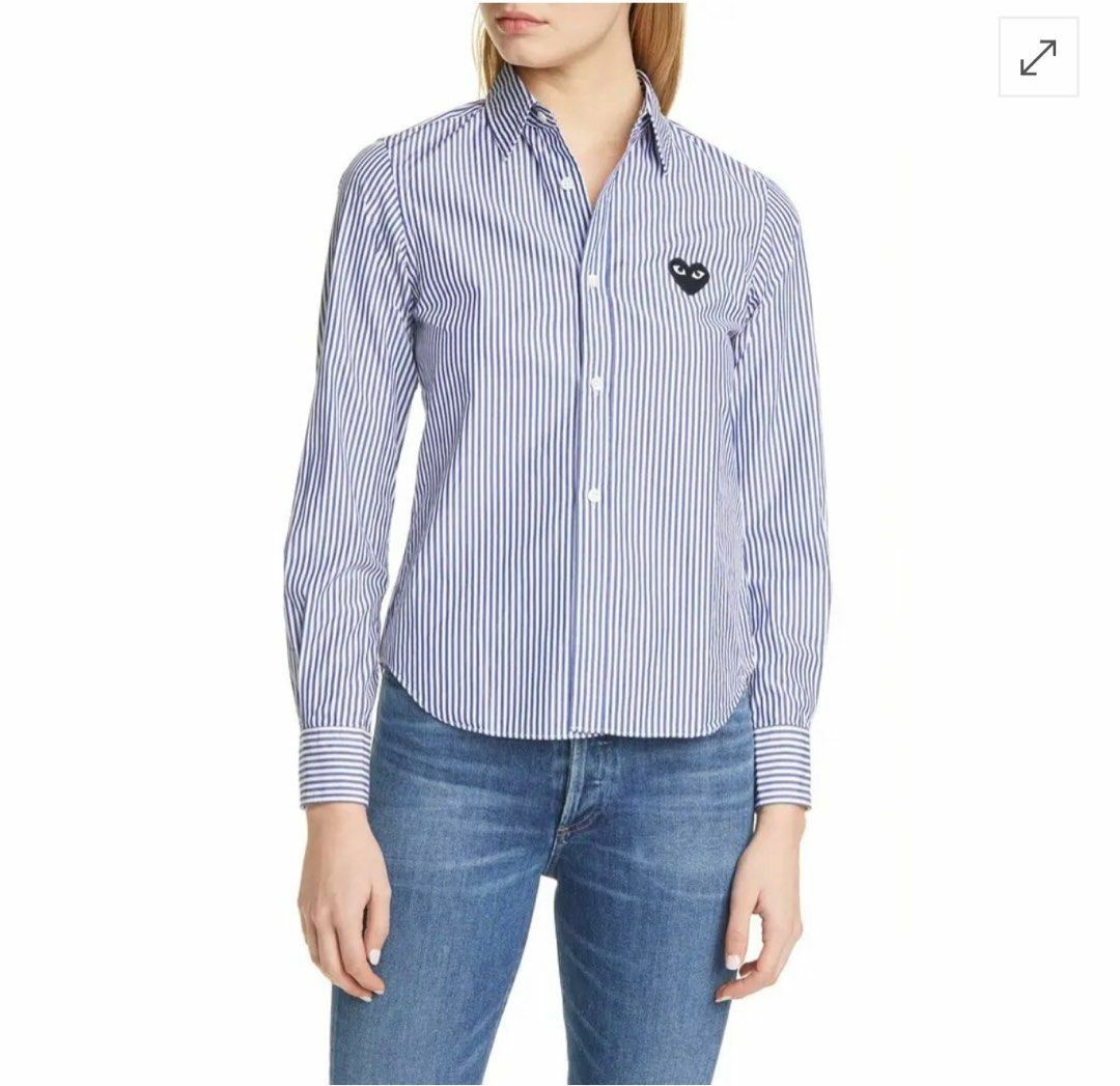 CDG play striped button down long sleeve (Category: Shirts) located in Lipa City. Submitted by MEECHYTWO2TWO (Listing ID 1263951621, Image 2). Description: CDG play striped button down long sleeve striped heart patch / small on tag dimes W20-27L Sobrang ganda pa sa personal Excellent condition color rate: 9.9/10 additional sf +75 mop: GCASH/NO COD payment first tomorrow will be shipped #09919484823.