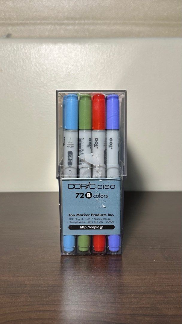 Copic Ciao Markers 72B set B 71-piece (Category: Craft Supplies & Tools) located in Paranaque City. Submitted by juan.enrique.evangelista_11 (Listing ID 1263903809, Image 3). Description: Copic Ciao Markers 72B set B 71-piece - 72 colors of alcohol based markers, ink is still good as new no signs of drying - bendable complete set - purchased from osaka japan - issues: markers body has signs of usage (pen marks) Box: dents, scratches, tape residue
