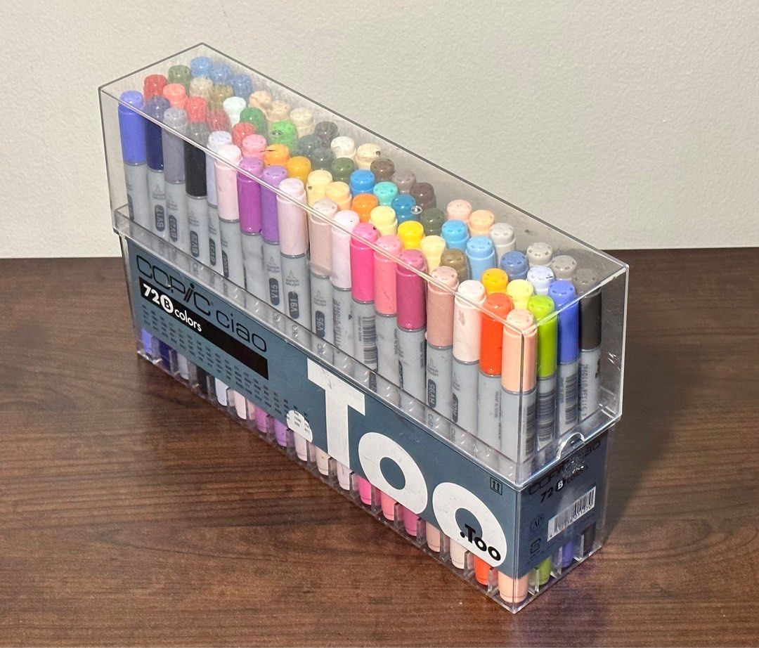 Copic Ciao Markers 72B set B 71-piece (Category: Craft Supplies & Tools) located in Paranaque City. Submitted by juan.enrique.evangelista_11 (Listing ID 1263903809, Image 2). Description: Copic Ciao Markers 72B set B 71-piece - 72 colors of alcohol based markers, ink is still good as new no signs of drying - bendable complete set - purchased from osaka japan - issues: markers body has signs of usage (pen marks) Box: dents, scratches, tape residue