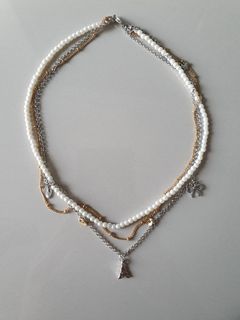 Dainty Three layer necklace with pearls,silver and gold plated chains