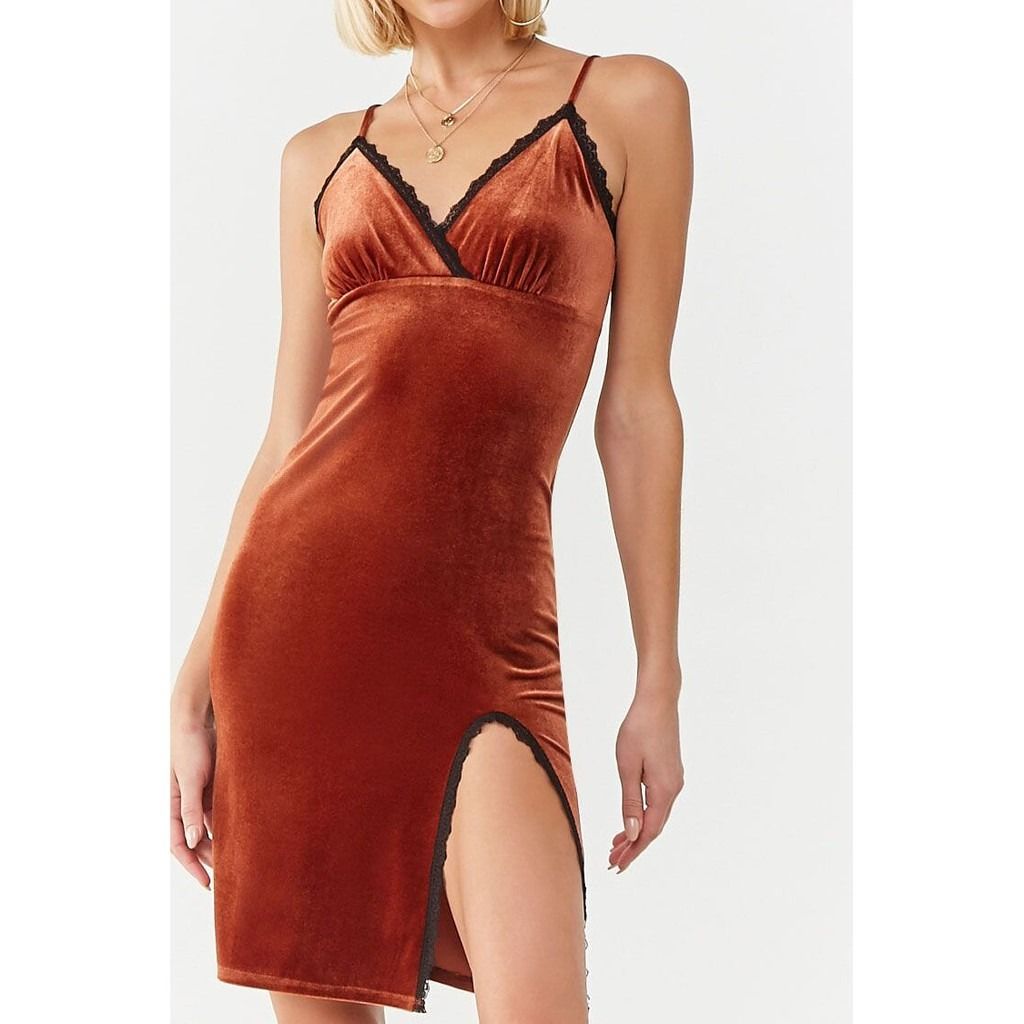 Forever 21 Rust Brown Velvet Lace-trim Cami Dress - Size M, Women's  Fashion, Dresses & Sets, Dresses on Carousell