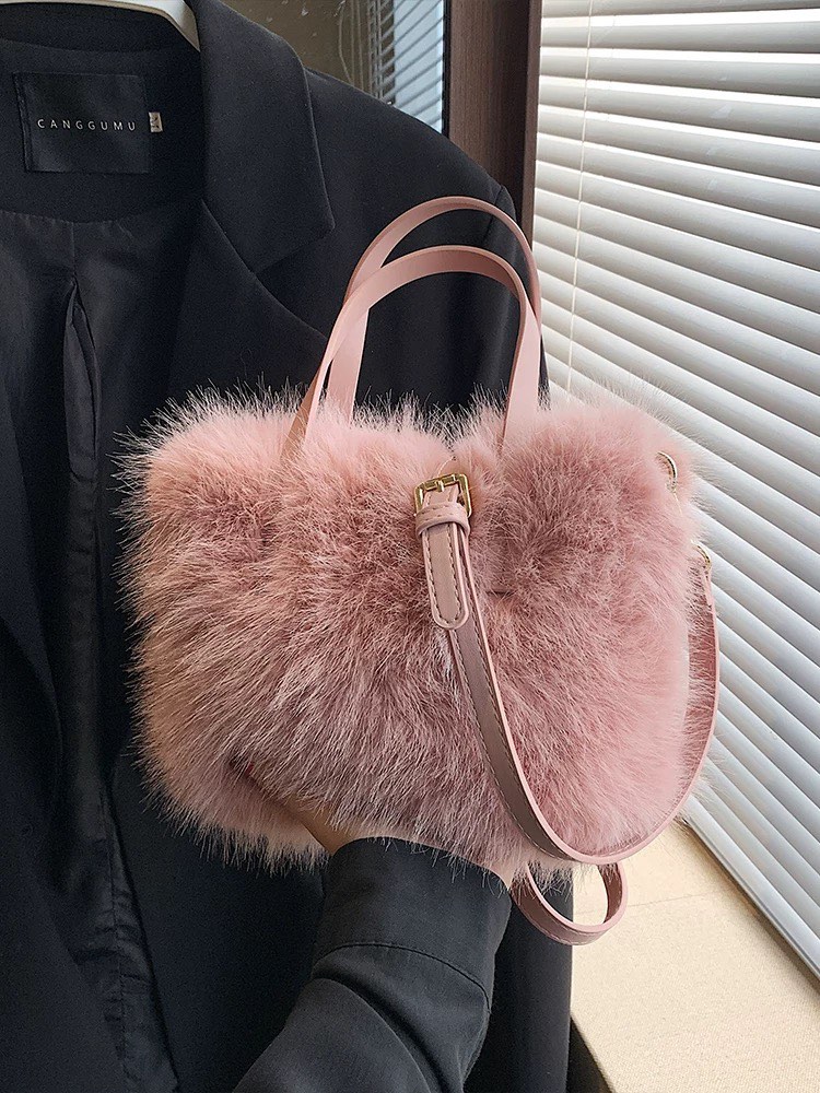 Furry bag women s 2023 new trendy handheld tote bag solid color