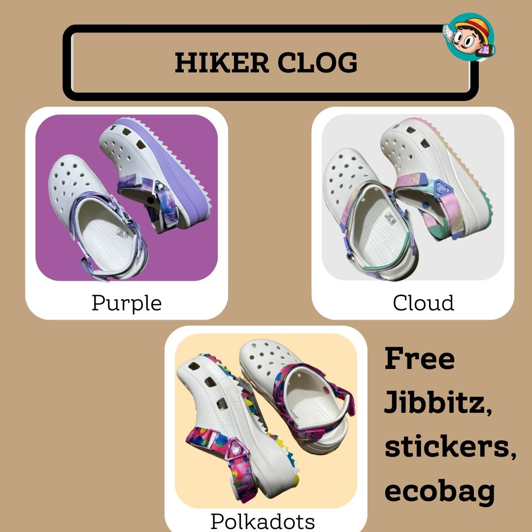 HIKER CLOG (Category: Flats & Sandals) located in Manila. Submitted by bukid (Listing ID 1264060303, Image 2). Description: • HIKER CLOG ₱1480 *Available in m3w5-m11w13 *Freebies: - Jibbitz - Sticker -Ecobag Good day everyone and we are back with nee arrival of Crocs with different type of clogs and slides. You could choose any color with your corresponding size and ready a back-up choice if not available. If you wish to order please sent the fol