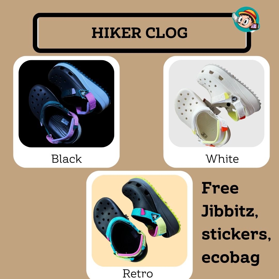HIKER CLOG (Category: Flats & Sandals) located in Manila. Submitted by bukid (Listing ID 1264060303, Image 1). Description: • HIKER CLOG ₱1480 *Available in m3w5-m11w13 *Freebies: - Jibbitz - Sticker -Ecobag Good day everyone and we are back with nee arrival of Crocs with different type of clogs and slides. You could choose any color with your corresponding size and ready a back-up choice if not available. If you wish to order please sent the fol