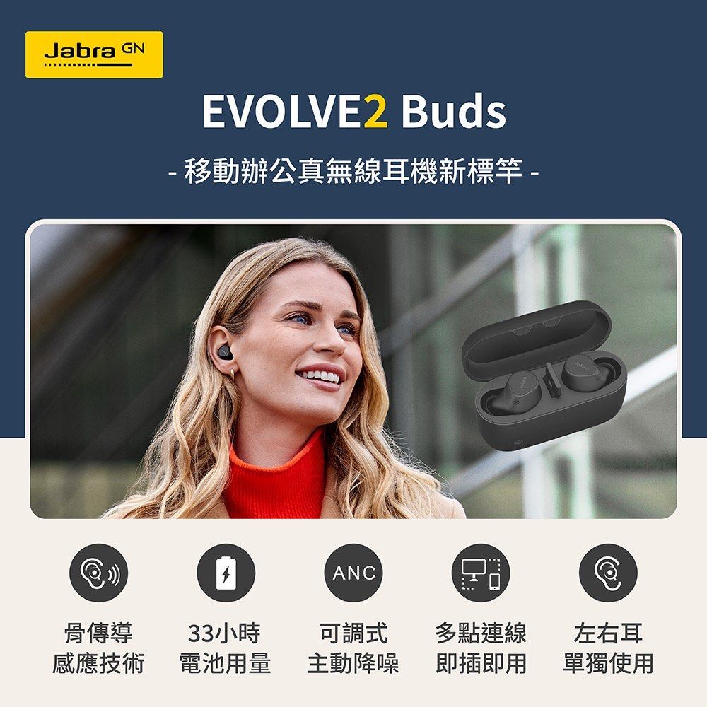 Jabra】Evolve2 Buds商務會議多點藍牙真無線耳機, 耳機及錄音音訊設備