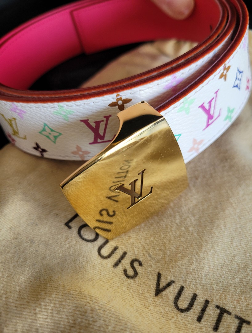 Authentic Louis Vuitton White Multicolor Canvas Fuchsia Pink LV Logo Belt  20mm