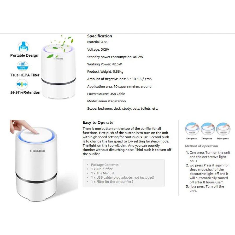 Rigoglioso air purifier hot sale