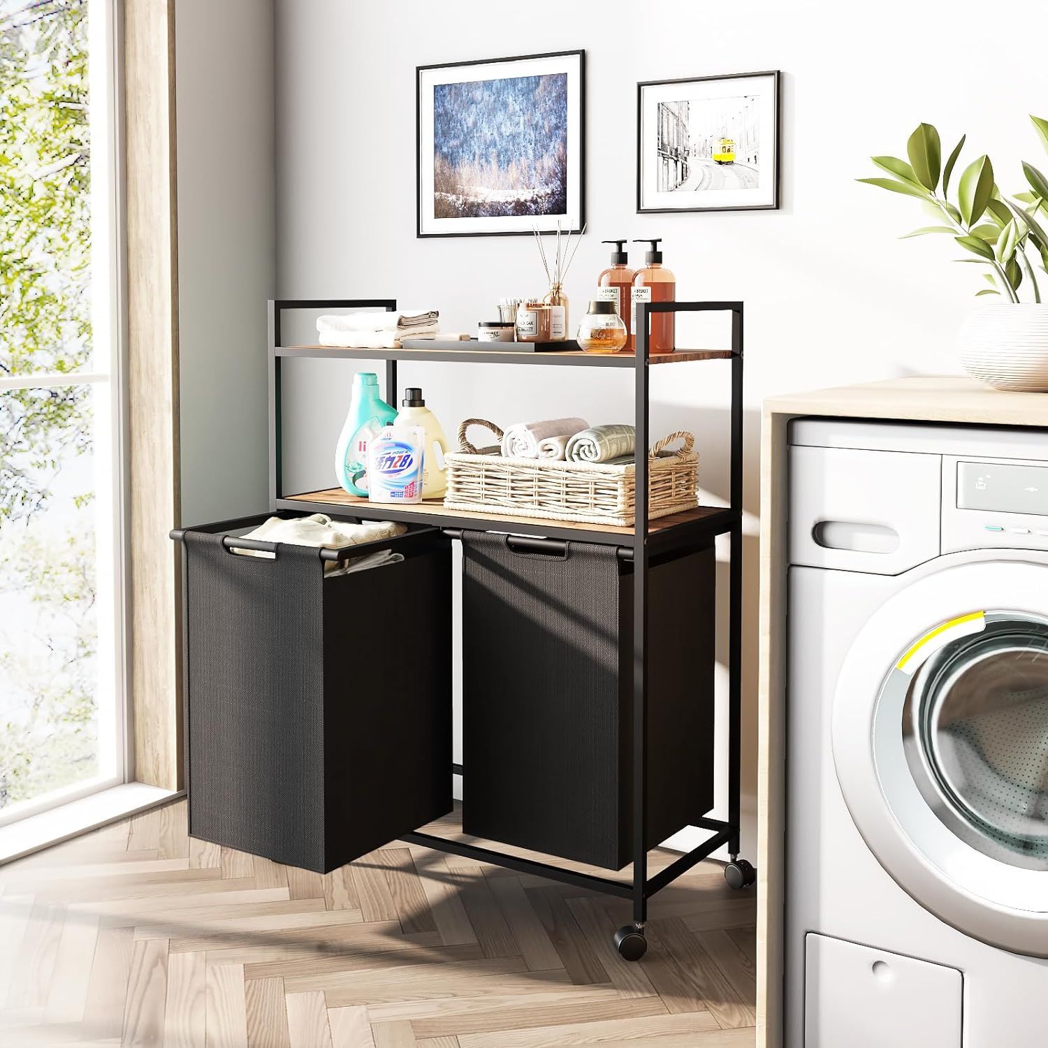 Double laundry hamper 2025 with wheels