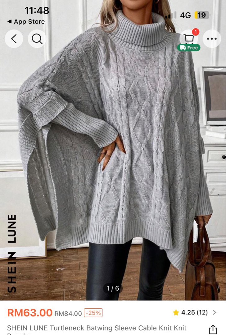 SHEIN LUNE Plus Fringe Trim Cable Knit Poncho Sweater