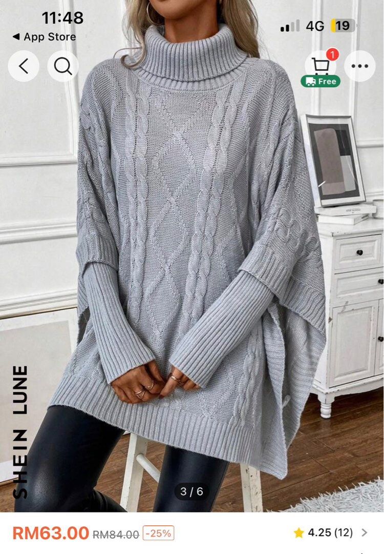 SHEIN LUNE Plus Fringe Trim Cable Knit Poncho Sweater