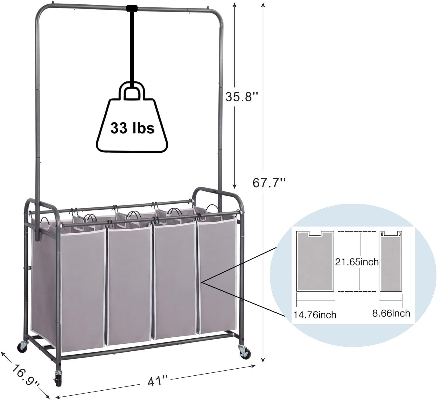 STORAGE MANIAC Laundry Sorter with Hanging Bar, Laundry Hamper Cart