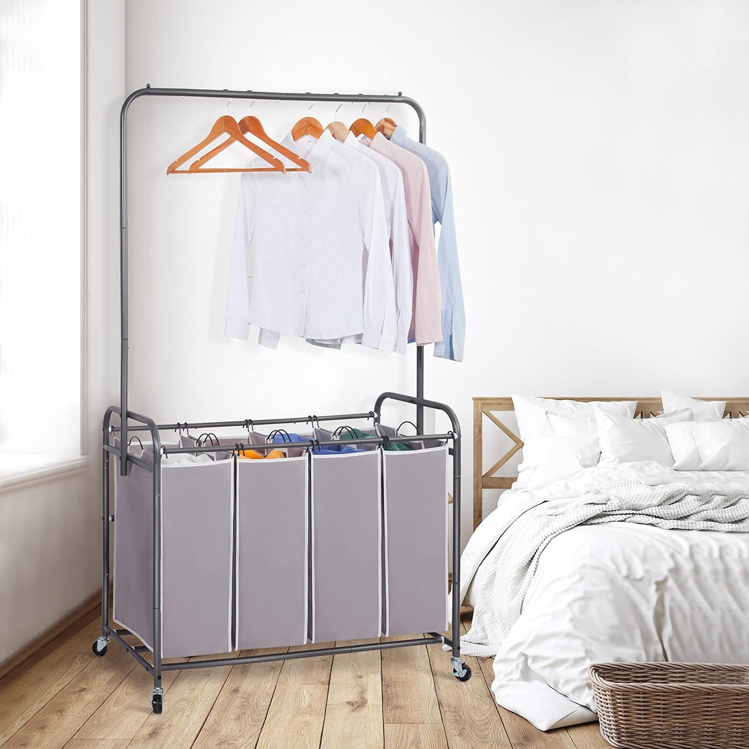 STORAGE MANIAC Laundry Sorter with Hanging Bar, Laundry Hamper Cart