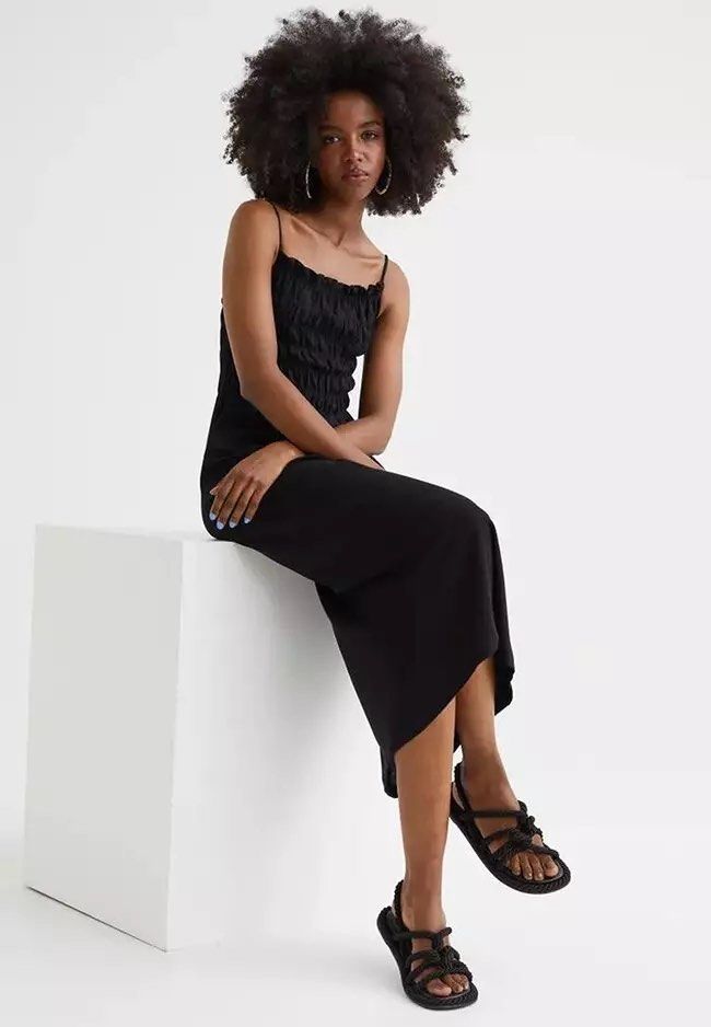 SUPER SALE H M Smocking detail dress black Women s Fashion