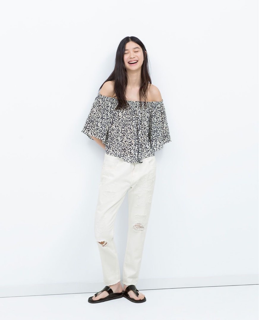Punk Off-Shoulder Floral Top Studded Black with Back Asymmetrical Sheer