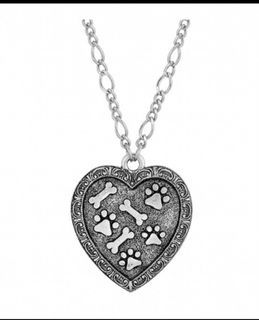 1928 PEWTER HEART PAWS AND BONES NECKLACE 28 IN.