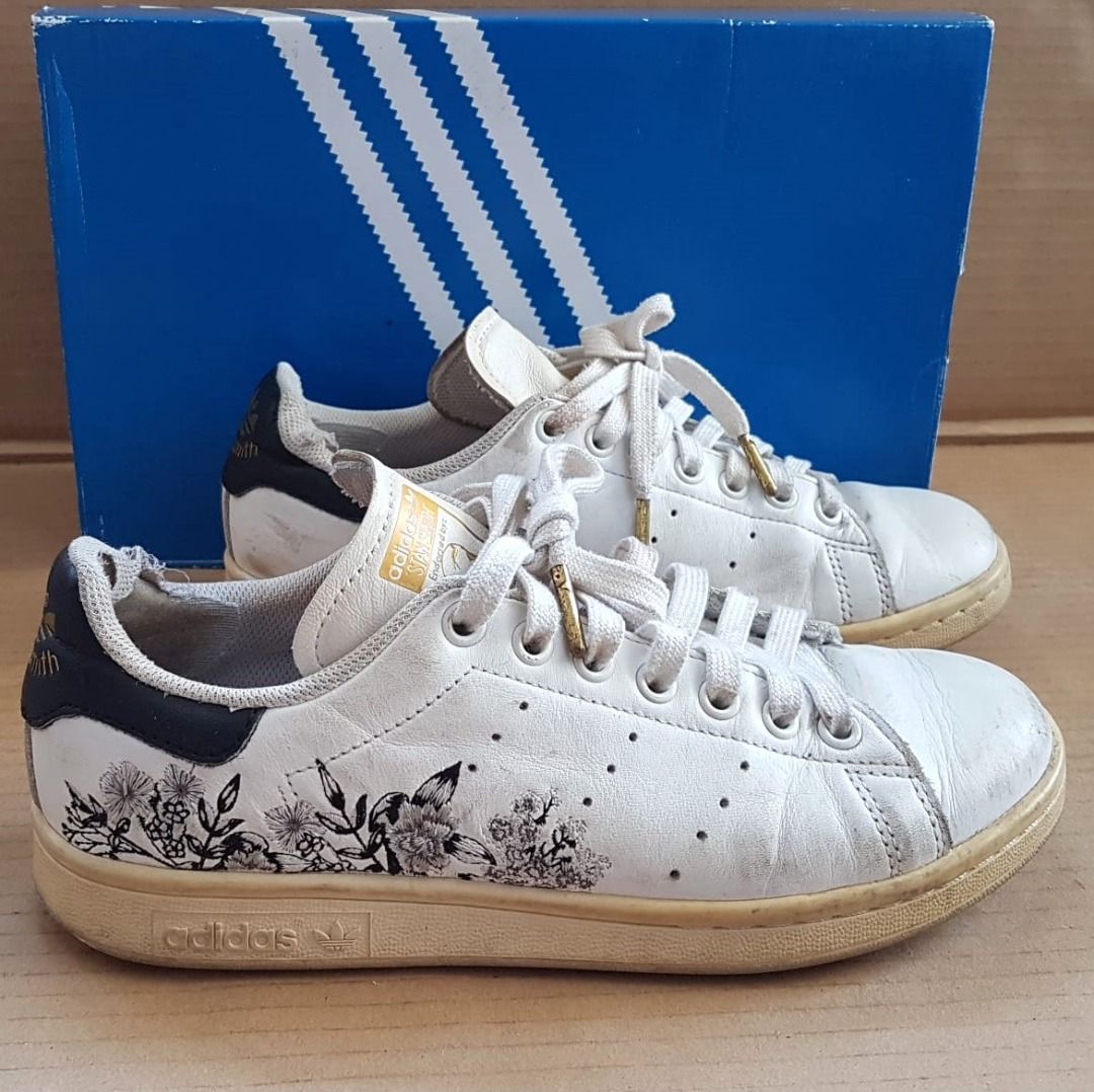 Adidas Stan Smith Sneakers with Floral Art design US 7 UK 5.5 EUR 38 2 3 White Leather Shoes Gym Court Trainer Tennis Shoes Active Lifestyle Cult Street Fashion Models Y2K Limited Edition