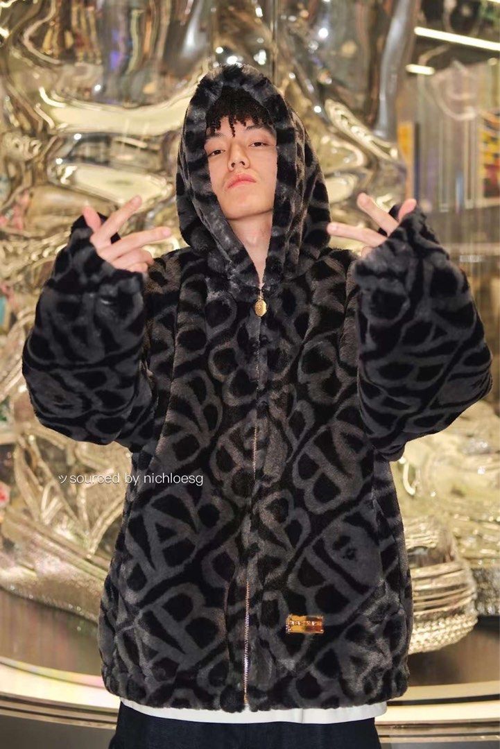 BAPE SPORT MONOGRAM FAKE FUR HOODIE JACKET, Men's Fashion, Coats