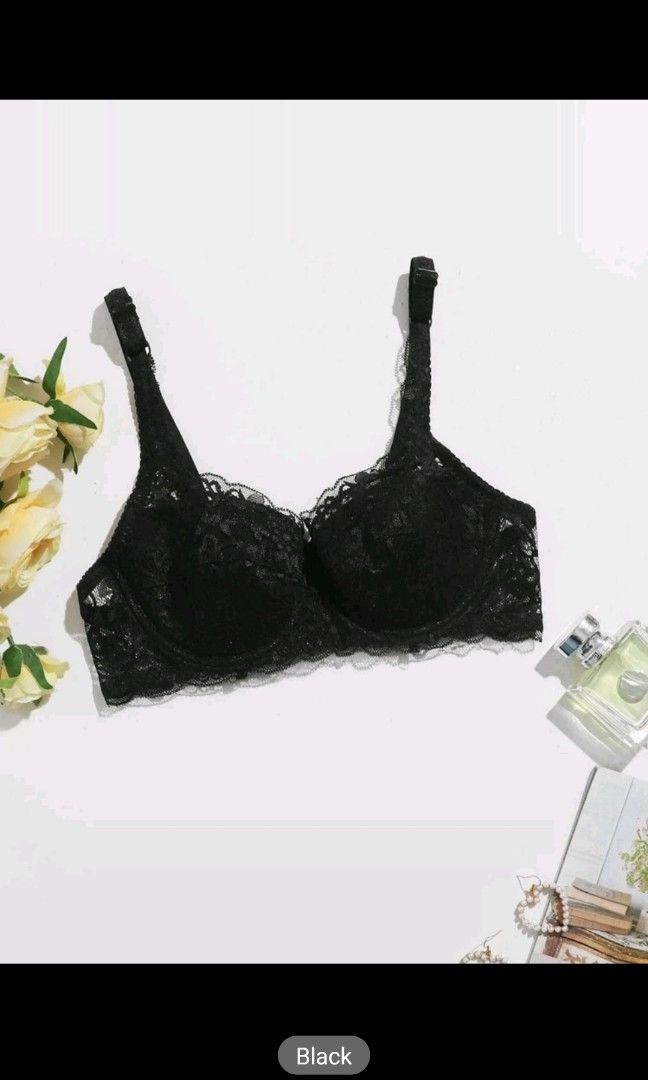 Black floral lace bra Shein, Women's Fashion, New Undergarments