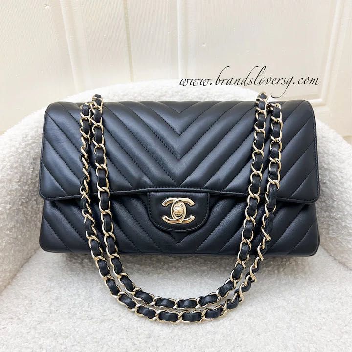 Chanel Medium Classic Flap CF in Chevron Quilted Black Lambskin and LGHW