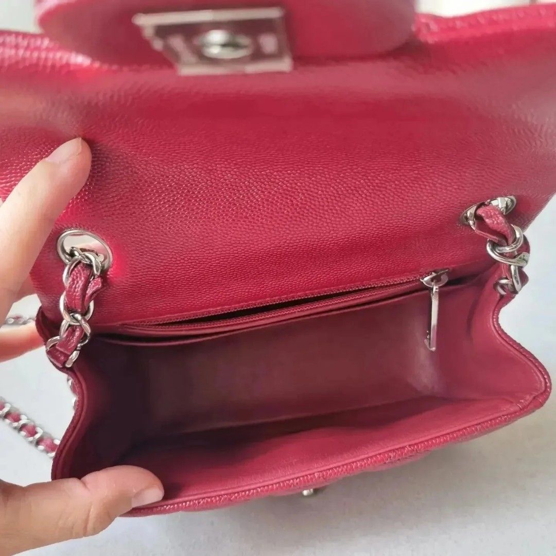 Chanel Mini Caviar Square 17b Red Silver Hardware, Luxury, Bags