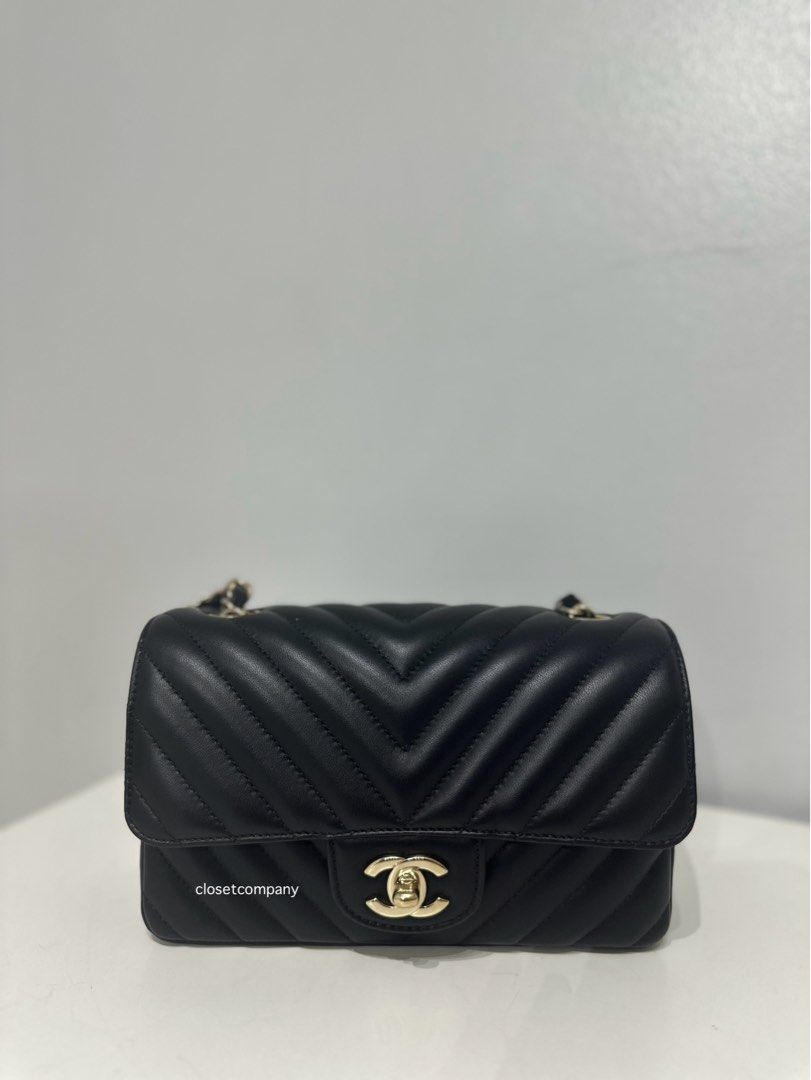 Chanel Mini Rectangle Black Chevron Lambskin and Light Gold