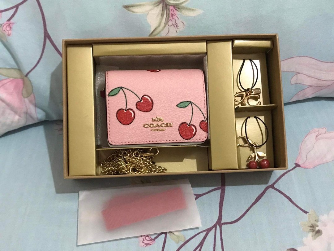Coach card wallet on chain cherry heart, Luxury, Bags & Wallets on