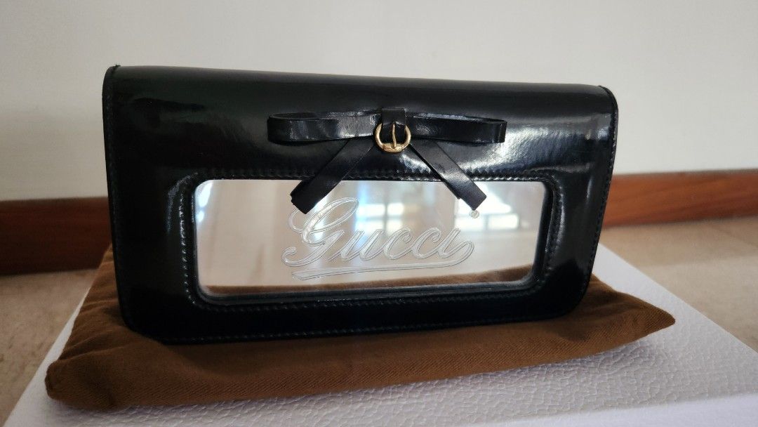 Gucci Black Patent Leather Mirror Clutch Bag