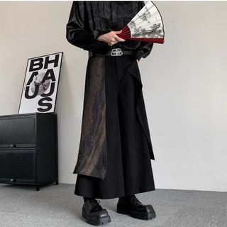 【H.BANDWAGON】日系山本風層次泥濘撞色設計感闊腿裙褲 寬褲 類裙 寬管褲 男女同款 (不附腰帶)
