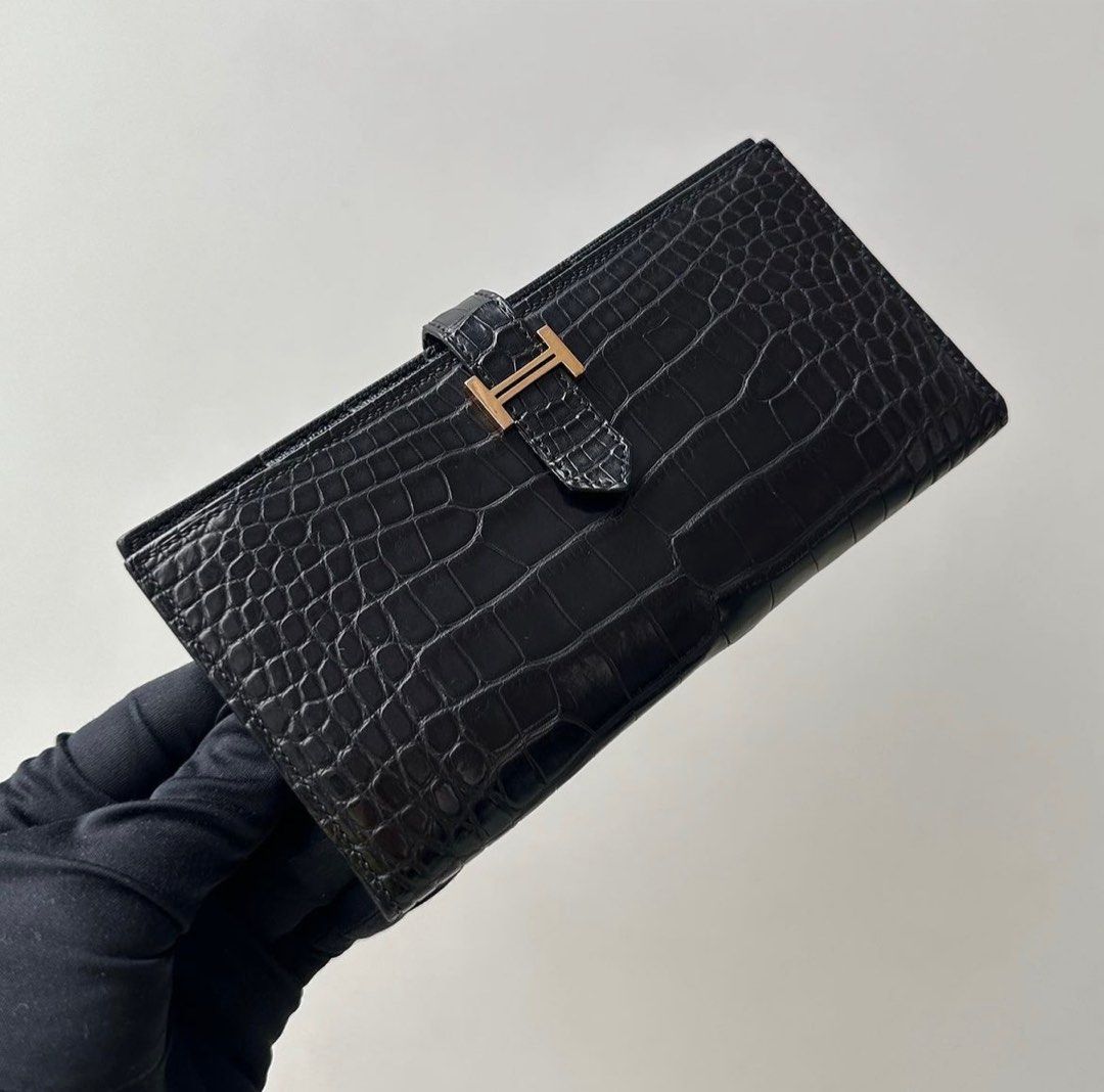 HERMES Black Alligator Bearn Compact Wallet GHW D/ 2019 *New