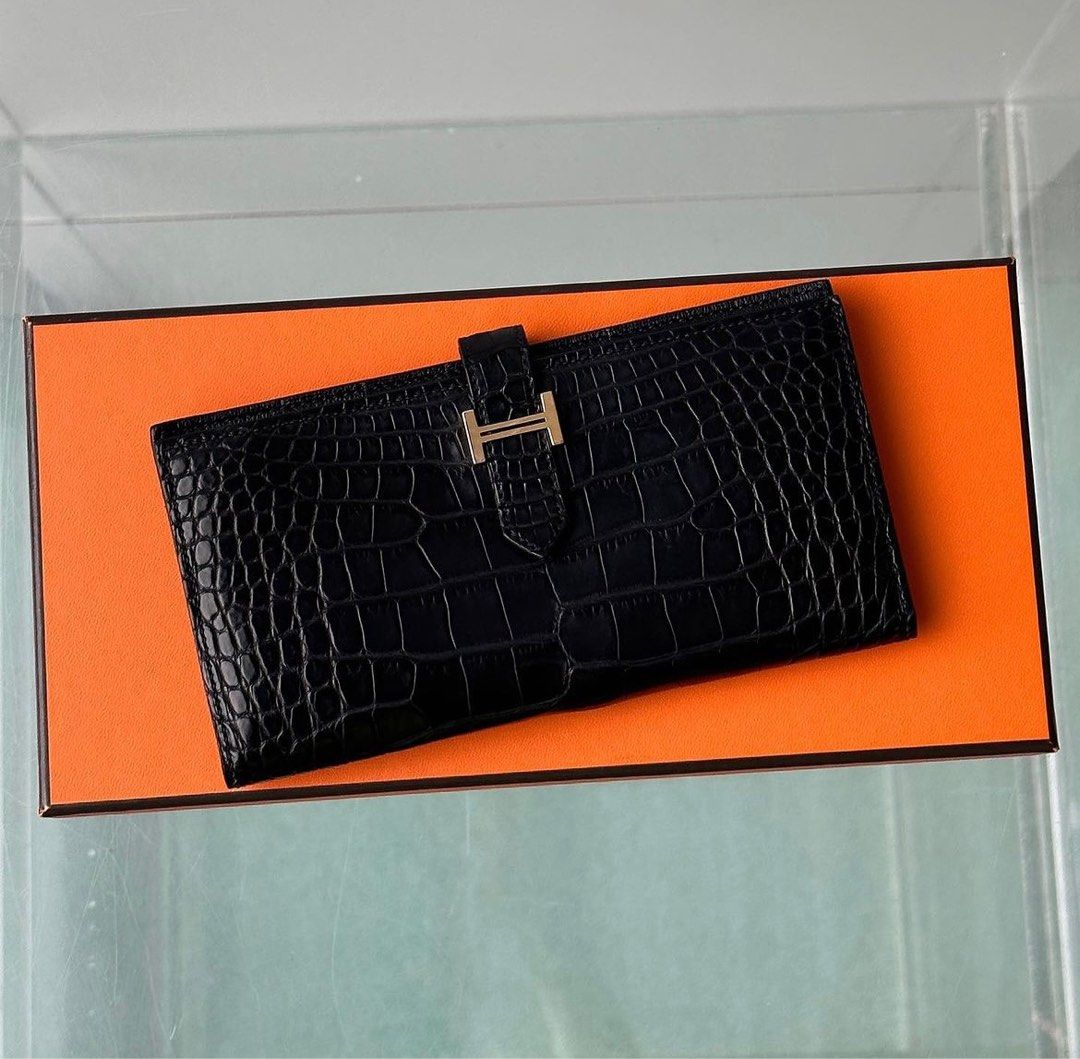 HERMES Black Alligator Bearn Compact Wallet GHW D/ 2019 *New