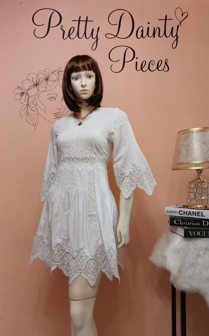 HQ Alexander McQueen White Boho Embroidery Lace Dress Women s