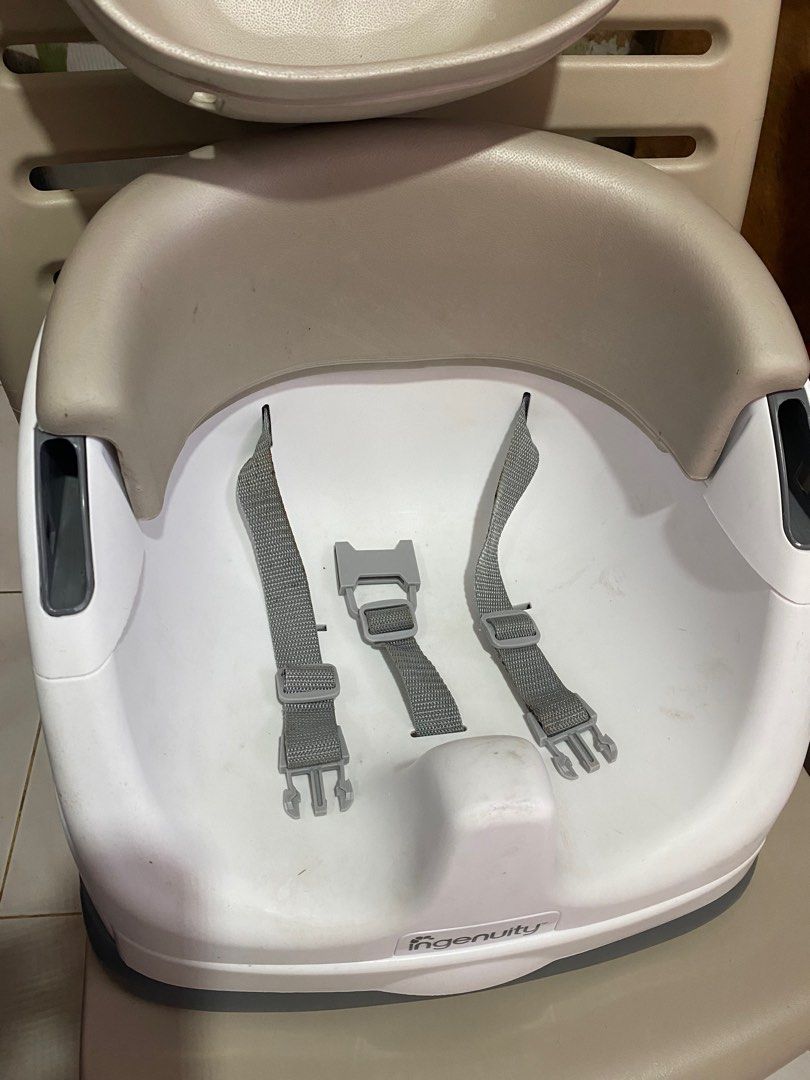 Ingenuity Baby Seat (Category: Baby High Chairs) located in Davao. Submitted by kukaicuckoo (Listing ID 1260900740, Image 3). Description: - Davao-based - No shopee checkout, no COD - Bought from Japan Surplus at 2k - With complete accessories (tray, straps, seat cushions) - Certain parts are discolored but does not affect performance/usage - Used for 2 months before we switched to a high chair - Portable, can be brought anywhere - Easily attache
