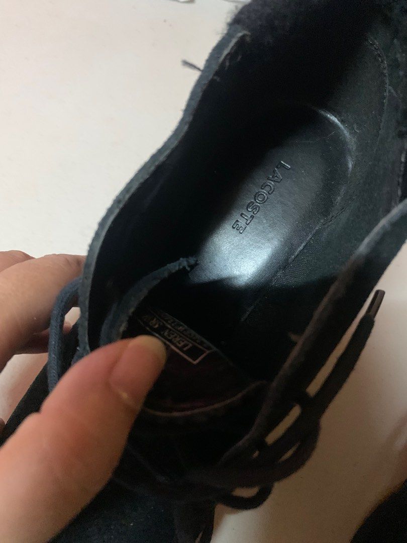 Lacoste Suede Wedge (size 9) (Category: Wedges) located in San Pedro. Submitted by pluslass (Listing ID 1264198785, Image 3). Description: Used only once, in very good condition. Minor flaw is the cracking of the inside tongue, where the size is printed. Bought overseas. Boots, lace up, suede, wedge, black Similar listing https://www.ebay.ca/itm/323778834933.