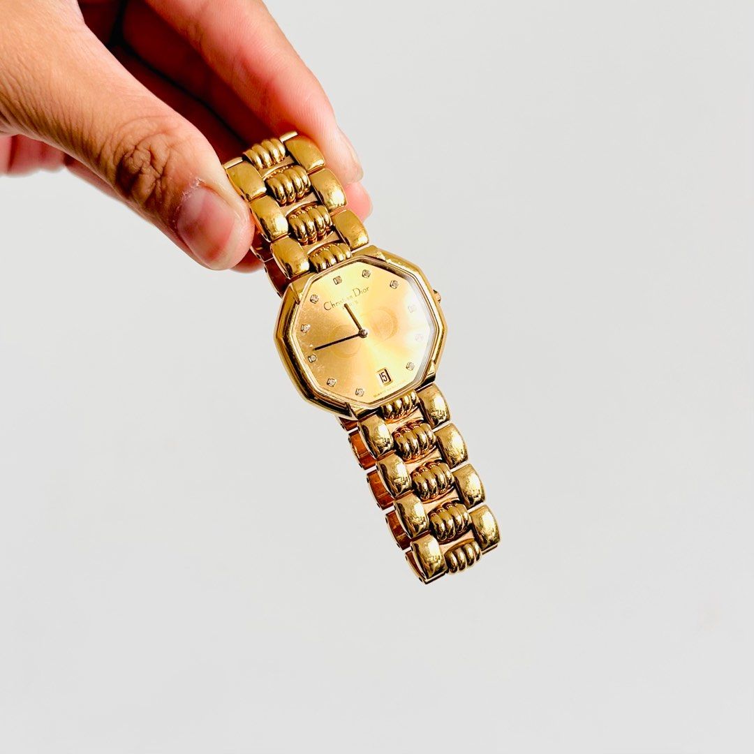 LIKE NEW Christian Dior CD Logo Octagon Gold Crystals Dial Stainless Steel Quartz 32MM Watch Authentic