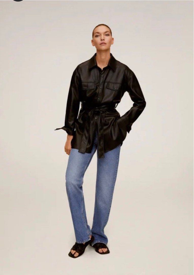 slim fit dress slacks Mango faux leather shirt dress in black | Mango faux leather shirt dress in  black main image 1