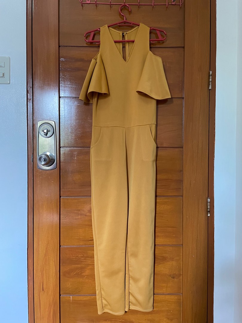 Green jumpsit with mustard yellow jamawar jacket