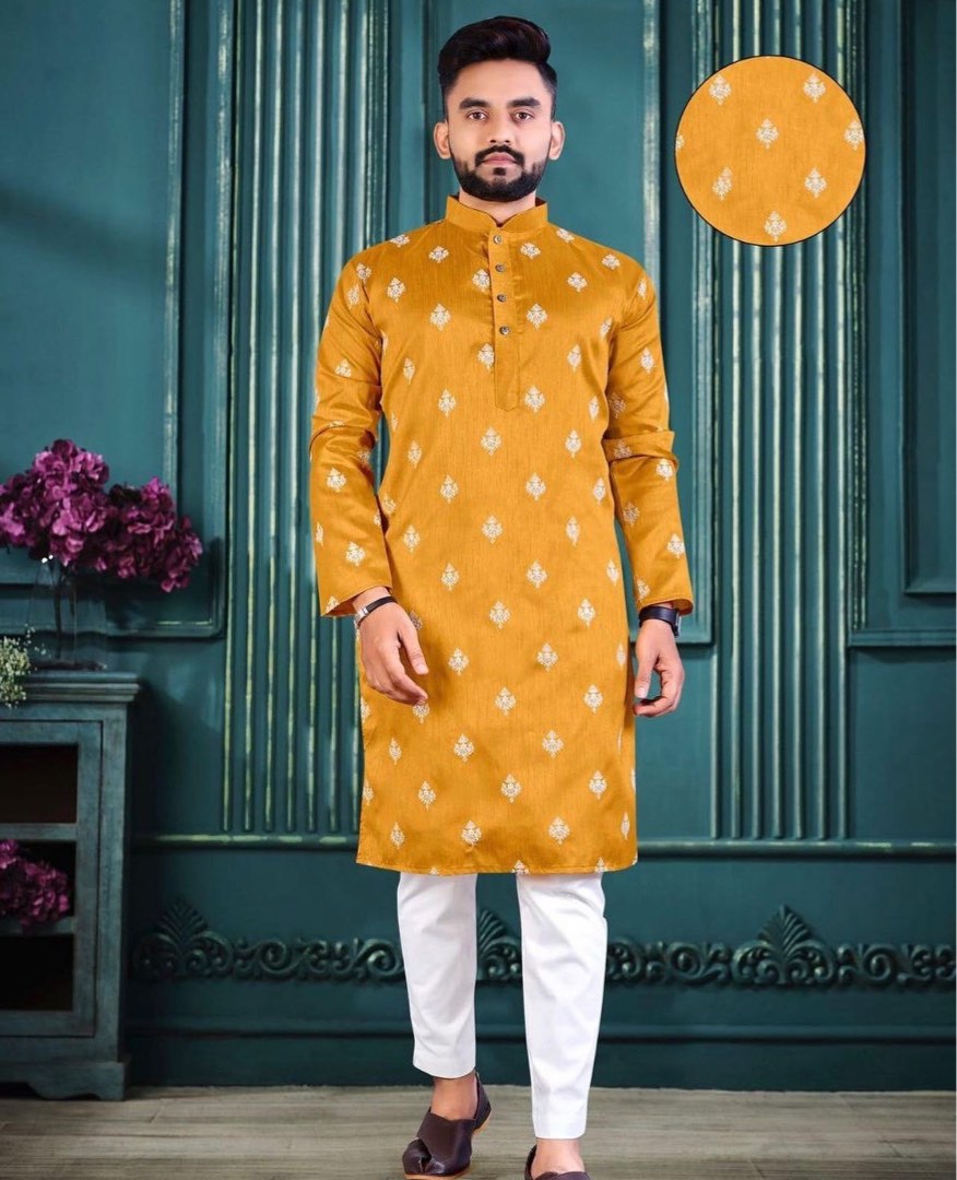 Mustard Yellow Kurta with pants Men s Fashion Muslim Wear Tops