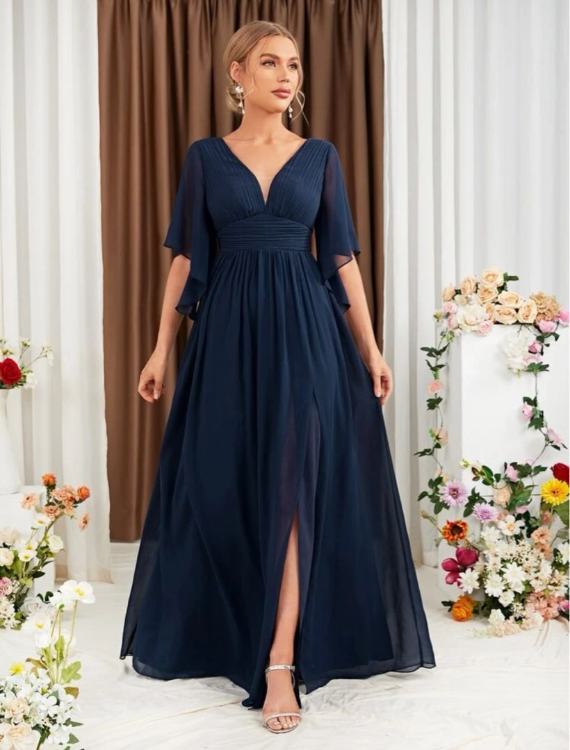 NAVY BLUE CHIFFON DRESS, Women's Fashion, Dresses & Sets, Evening dresses & gowns on Carousell