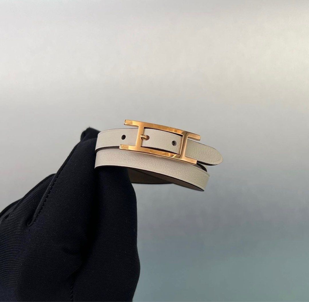 NEW Hermes Behapi Double Tour Bracelet Etoupe/Nata Rose Ghw T2