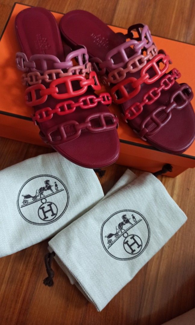 Hermes Multi Rouge Suede D'ancre Chaine Slide Sandals Size 37 Hermes | TLC