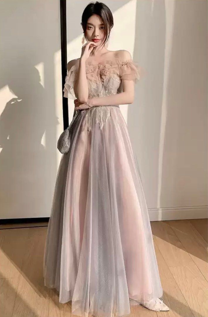 Pink Off Shoulder Fairy Gown Evening Dress, Women's Fashion, Dresses &  Sets, Evening Dresses & Gowns on Carousell