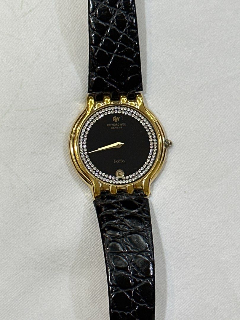 Raymond Weil Watch 18K gold electroplated Model 9946 with black leather strap