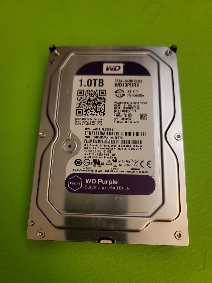 Western Digital 1TB Hard Disk WD Purple NAS SATA 64MB Cache, 電腦