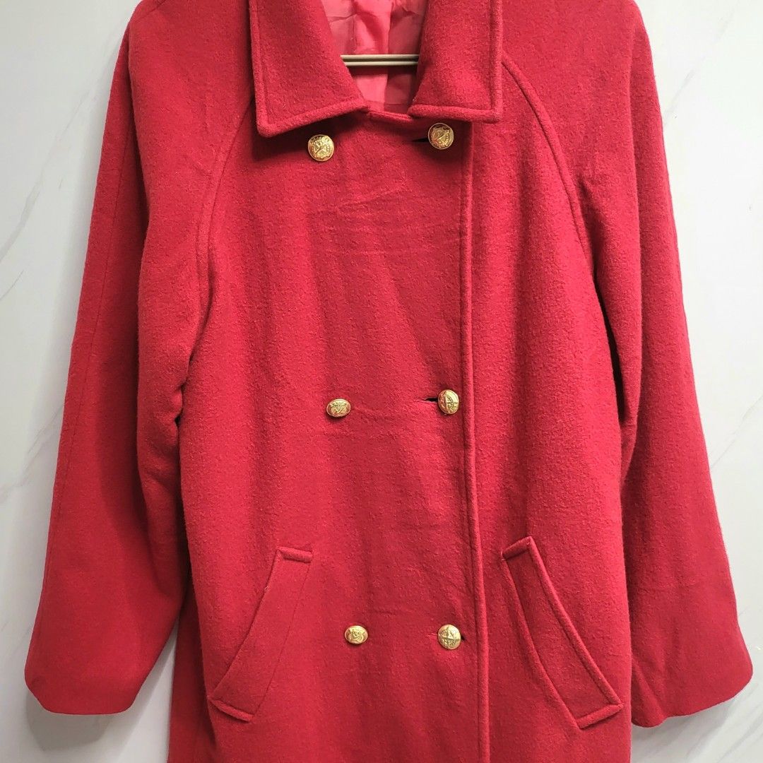 Woolmark red coat jacket. Real wool winter outerwear