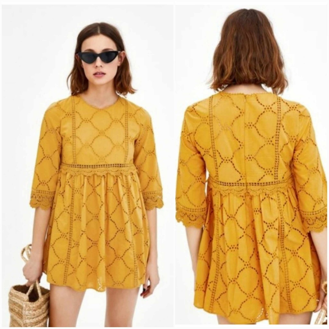 ZARA EYELET MUSTARD ROMPER SMALL MEDIUM, Women's Fashion, Dresses