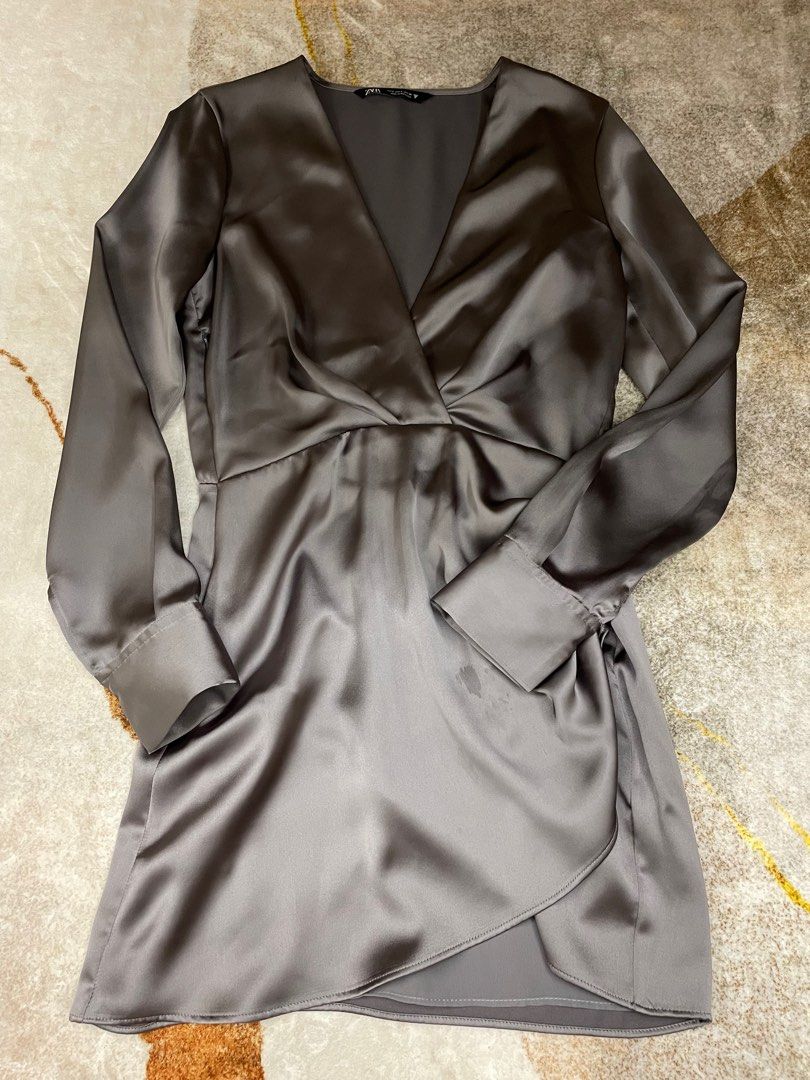Zara satin wrap dress silver