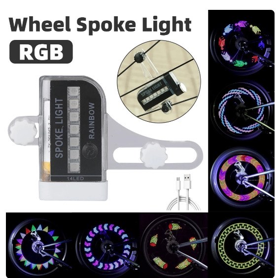 14 RGB LED Leadbike Bicycle Wheel Spoke Light Rechargeable Waterproof