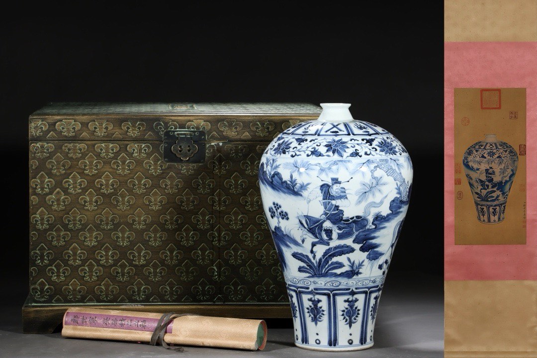 元時代 青花染付 人物文梅瓶 唐物 中国美術 工芸品 高さ42.5cm 直径