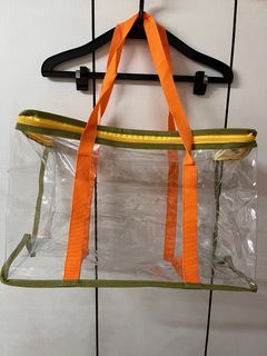 現貨全新透明塑膠方形大容量拉鍊收納包 肩背包 旅行袋 育嬰袋 橘色黃色綠色跳色邊條